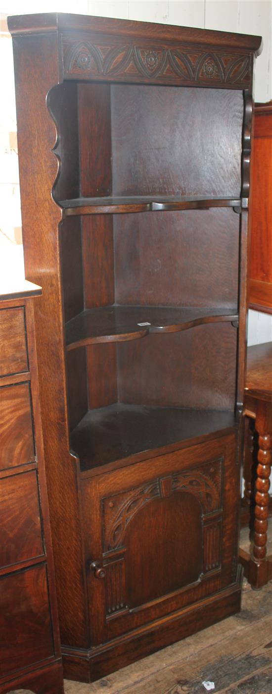 Carved oak open fronted standing corner cupboard(-)